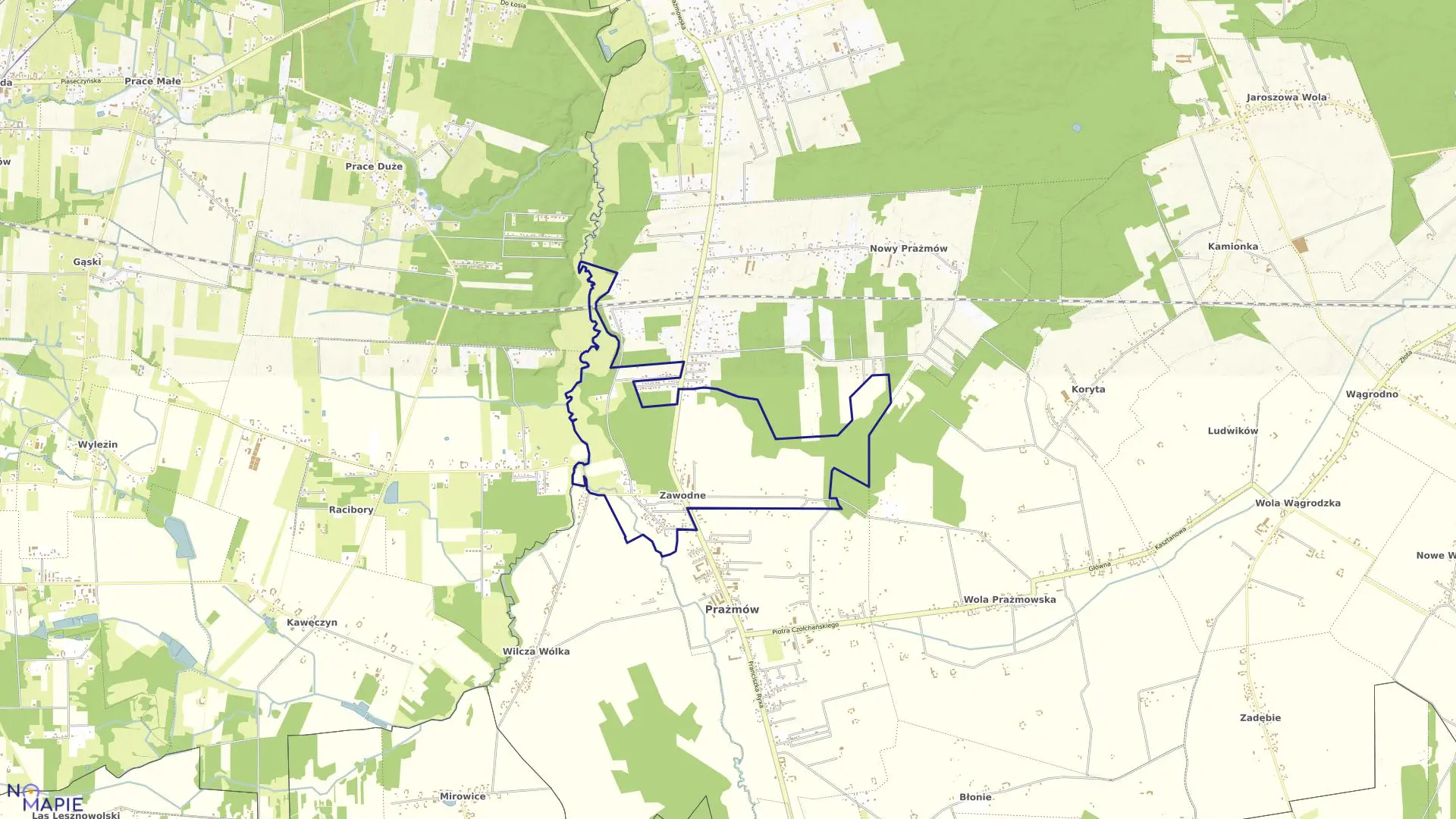 Mapa obrębu ZAWODNE w gminie Prażmów